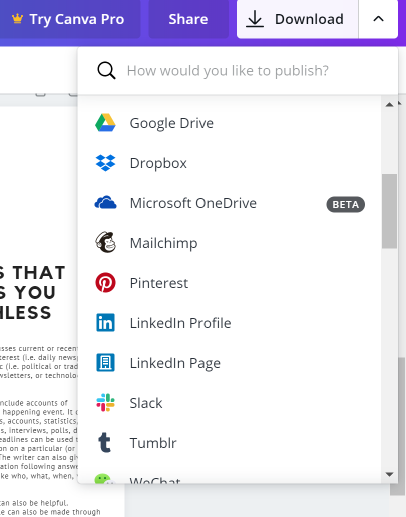 Download and publish options