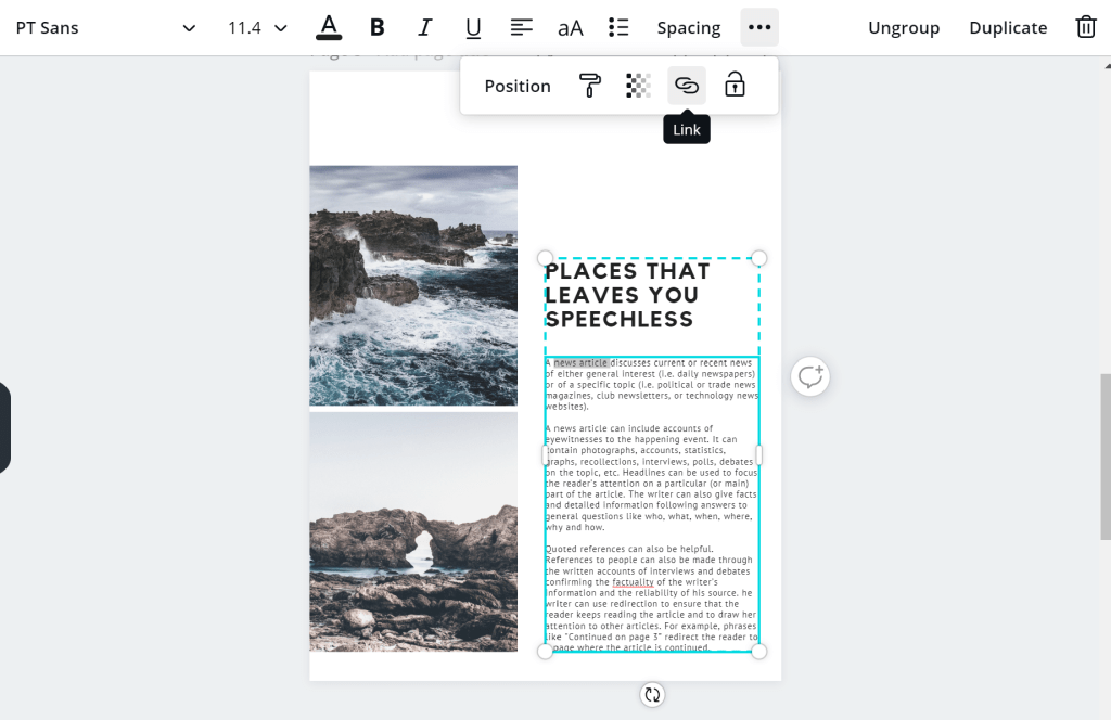 Linking text in Canva
