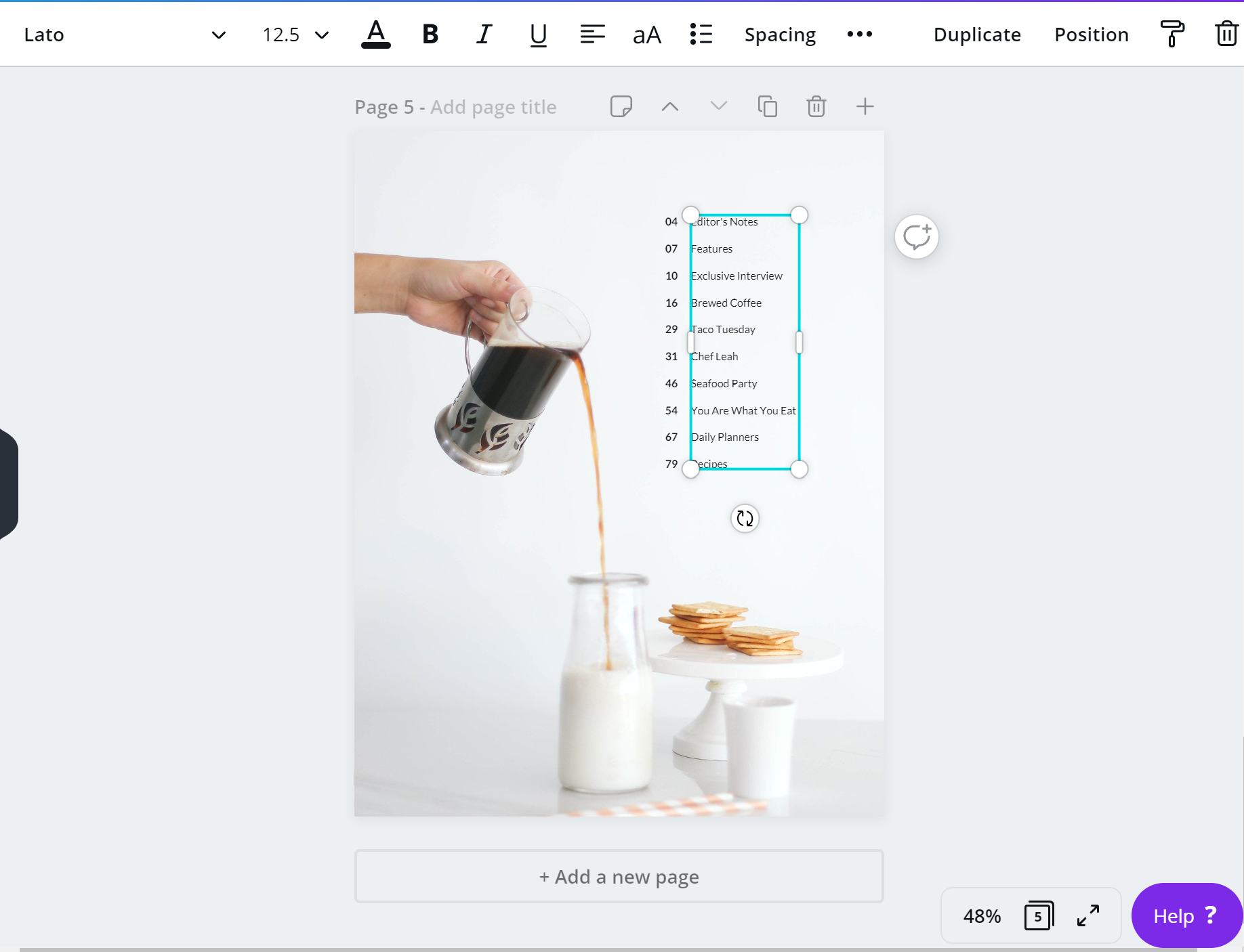 Table of Contents page in Canva